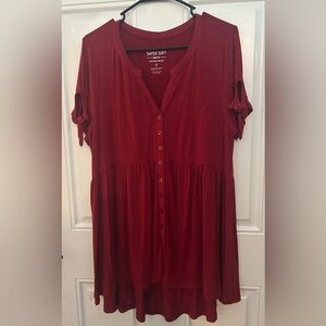 Torrid Super Soft Deep Red Button-Down Tie Sleeves Tunic Top